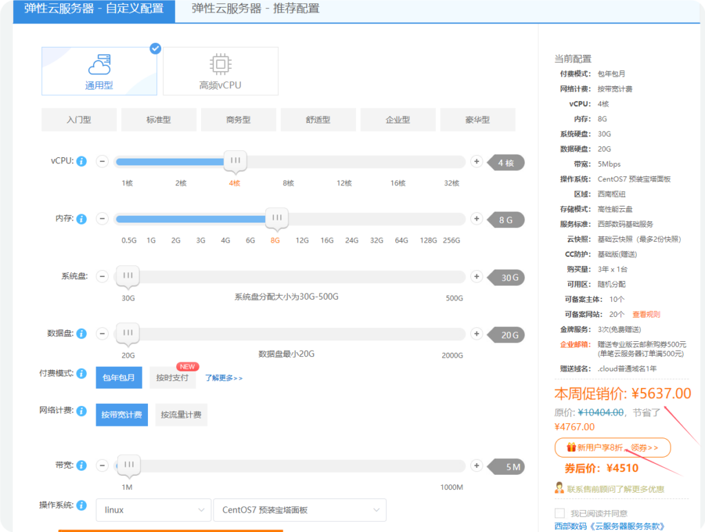 西部数码4H8G 5M 3年原价5600元，新用户8折优惠4500元，通过我司仅需3400元。